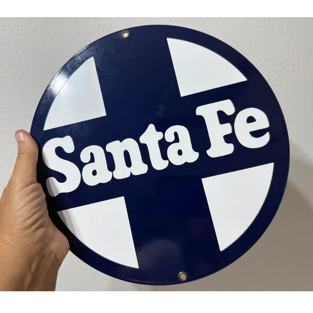 Ande Rooney Santa Fe Railway Porcelain Enamel Sign 9.5 Inch Round Made in USA